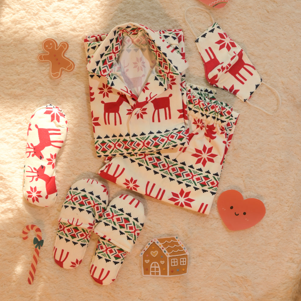 White Red reindeer Night Suit Set