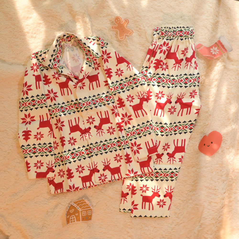 White Red reindeer Night Suit Set